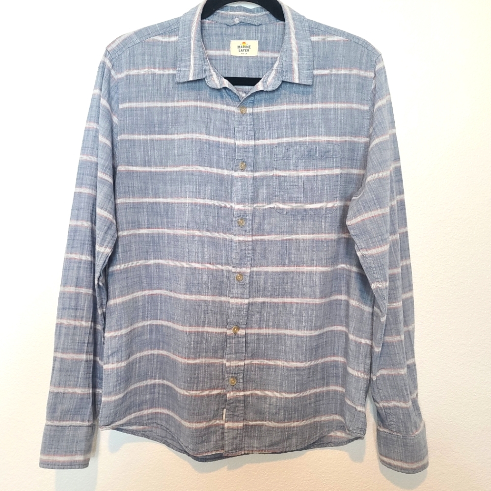 Marine Layer Grove Stripes Cotton 100% Button Down Shirt Indigo Blue - Picture 8 of 11